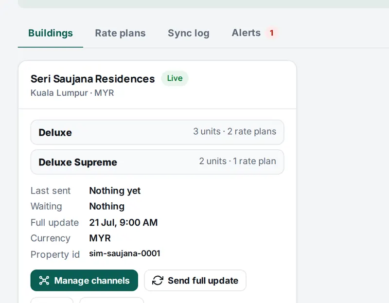 The Channels screen: a building with its unit types, rate plans, and the Manage channels button