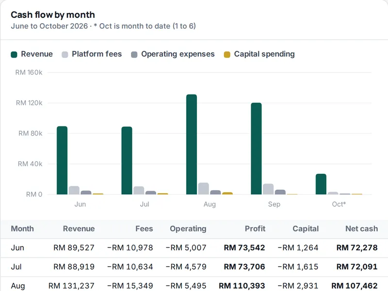 Financials: cash flow by month with revenue, platform fees and costs