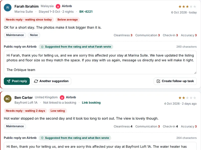 A guest review with a suggested public reply, ready to post