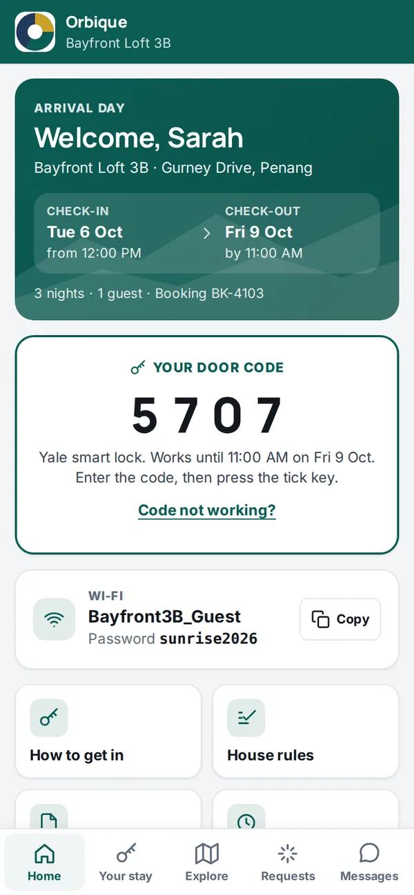A guest's own app for one booking: check-in and check-out, the door code, Wi-Fi and the house guide