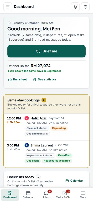 The Orbique dashboard on a phone: today's arrivals, departures and open tasks, with the Brief me button