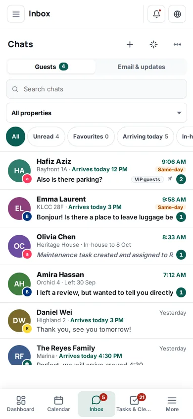 The Orbique inbox on a phone: the chat list with unread counts